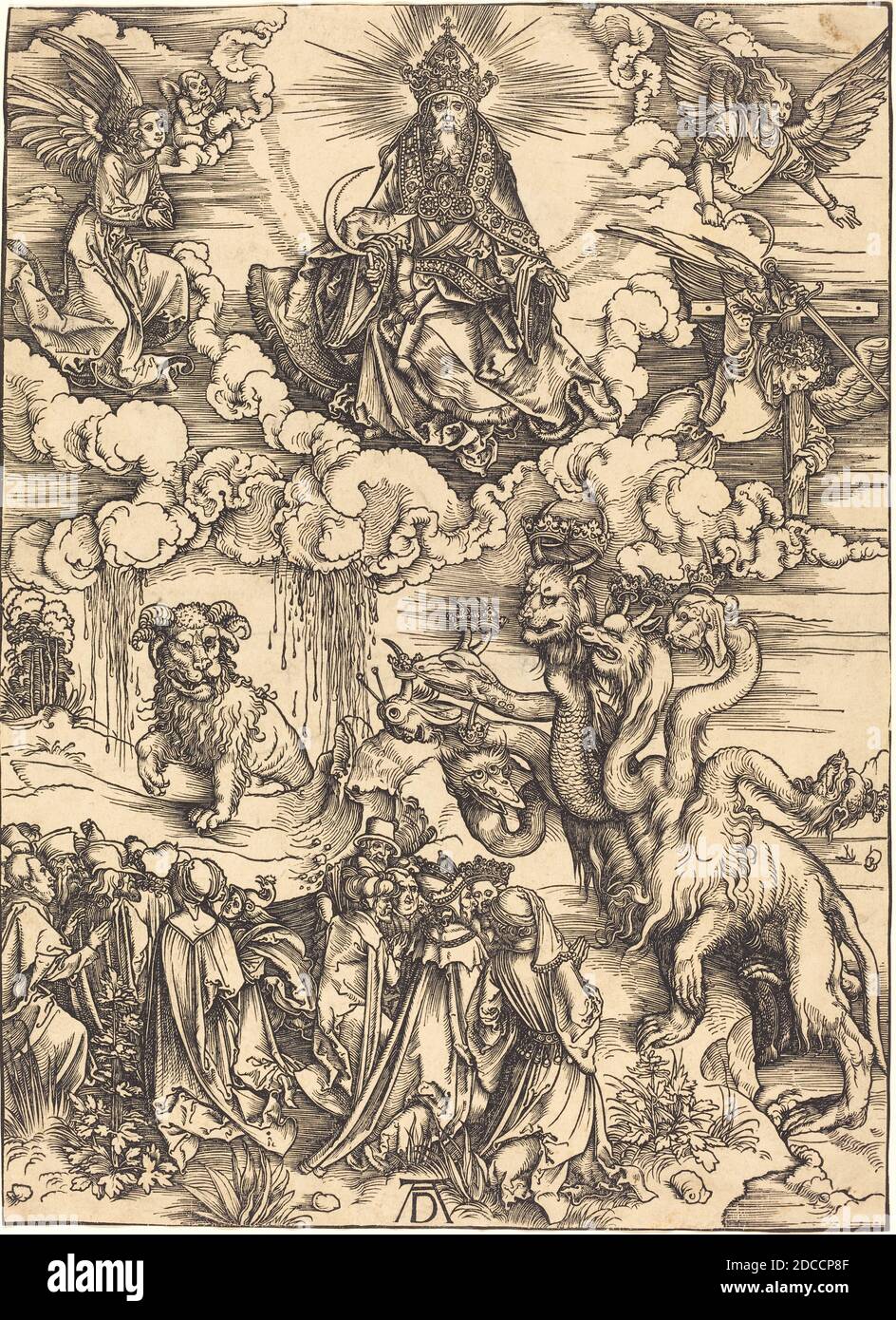 Albrecht Dürer, (artiste), allemand, 1471 - 1528, la Bête avec deux cornes comme un Agneau, l'Apocalypse, (série), probablement c. 1496/1498, coupe de bois Banque D'Images