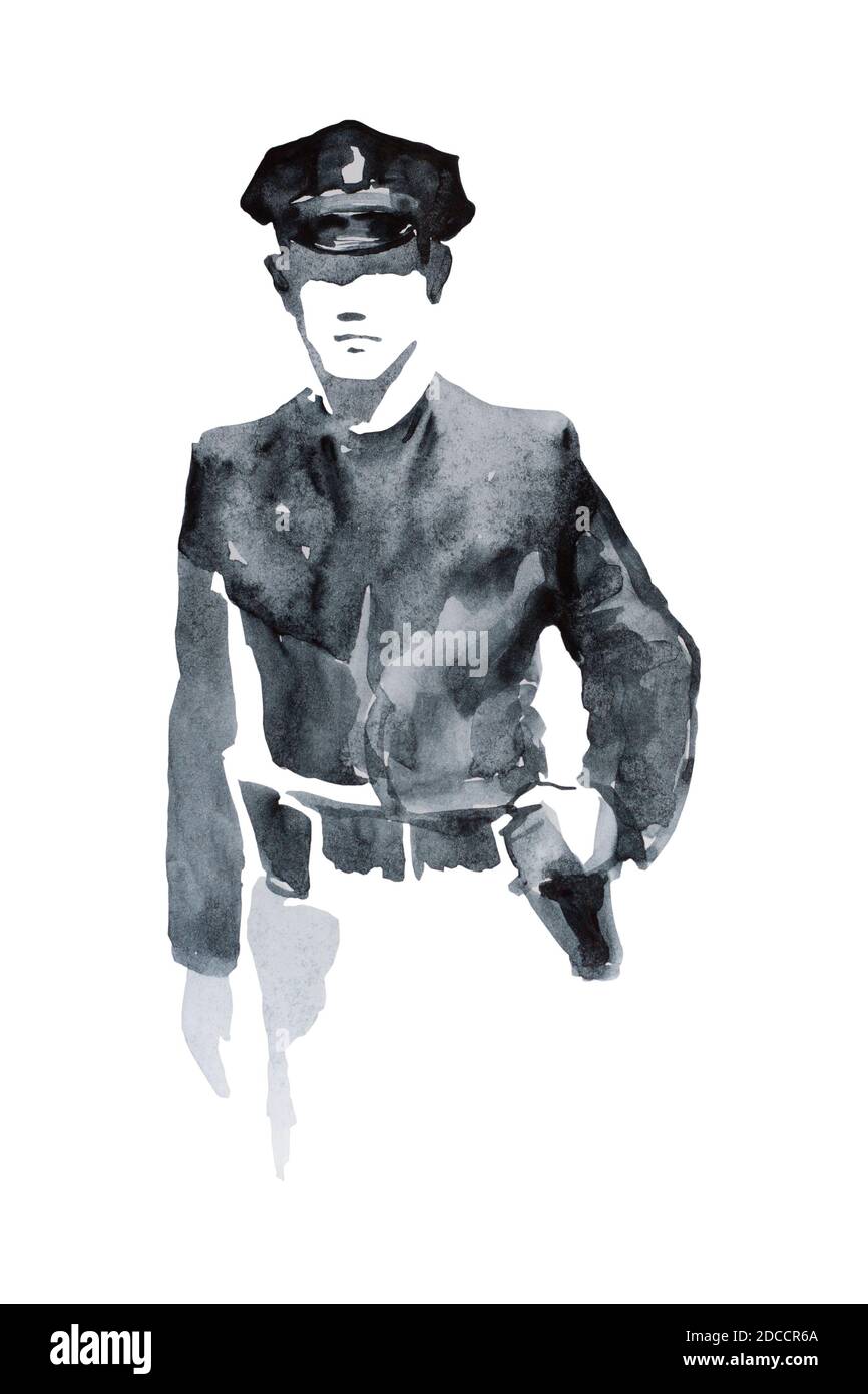 Croquis aquarelle abstrait de l'agent de police en récompense. Peinture simple en noir et blanc du policier américain isolé sur fond blanc Banque D'Images
