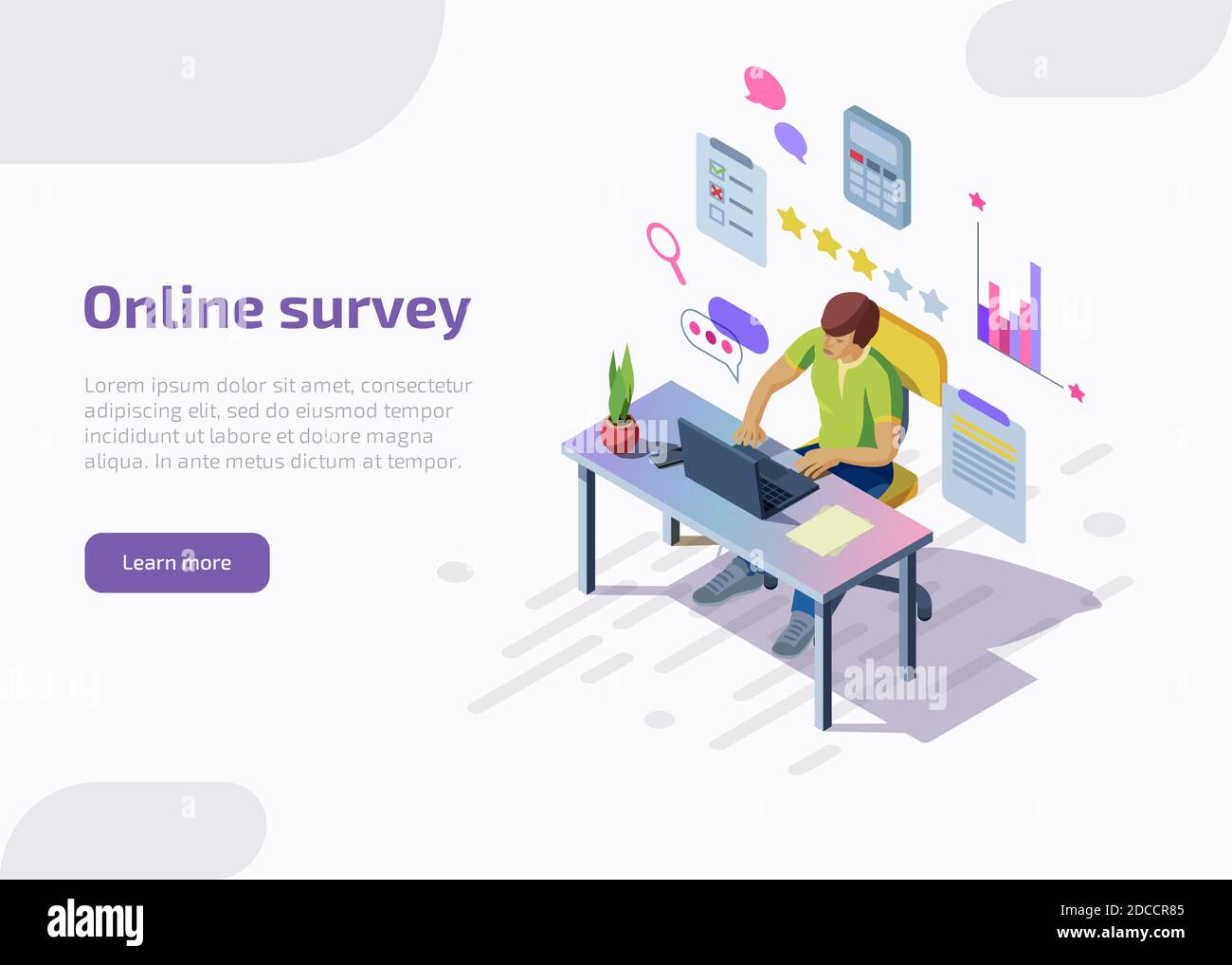 Page d'accueil de l'enquête en ligne avec caractères isométriques. Homme remplissant le formulaire de questionnaire, étoiles, coche sur la liste sur l'ordinateur portable. Service de feedback Illustration de Vecteur