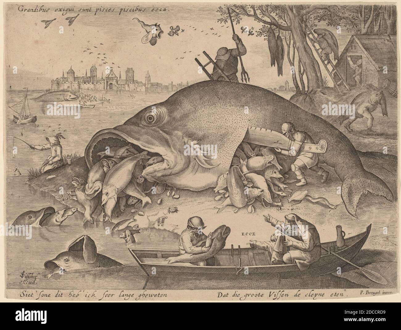 Hendrik Hondius I, (artiste), Néerlandais, 1573 - 1649 ou après, Hieronymus Bosch, (artiste d'après), Netherlandish, c. 1450 - 1516, Pieter Bruegel The Elder, (artiste d'après), Flamand, c. 1525/1530 - 1569, Claes Jansz Visscher, (éditeur), Néerlandais, 1586/1587 - 1652, The Big Fish Eat the Little Fish, c. 1619, gravure Banque D'Images