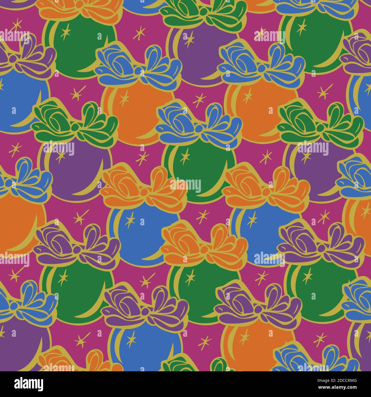 Motif vectoriel sans coutures de décorations de Noël colorées. Boules de Noël colorées sur fond violet, motif nouvel an. Illustration de Vecteur