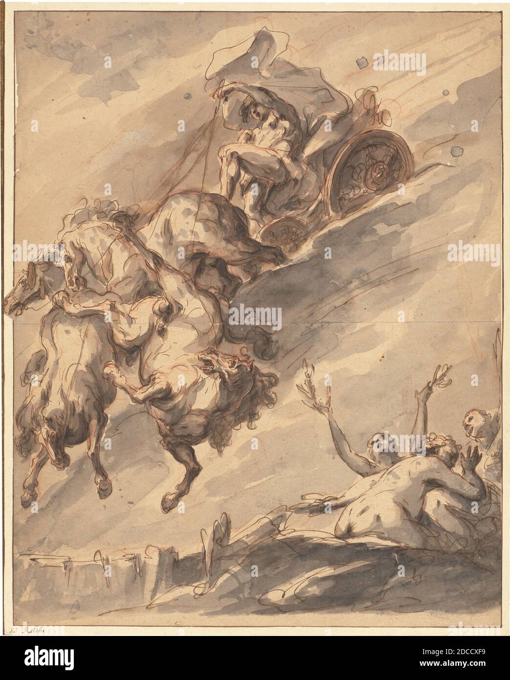 Gaspare Diziani, (artiste), Venetian, 1689 - 1767, la chute de Phaeton, 1745/1750, stylo et encre brune sur craie rouge avec lavage brun et gris sur papier ponté, total (approximatif): 40.7 x 33 cm (16 x 13 po.), support: 50.6 x 43.4 cm (19 15/16 x 17 1/16 po Banque D'Images