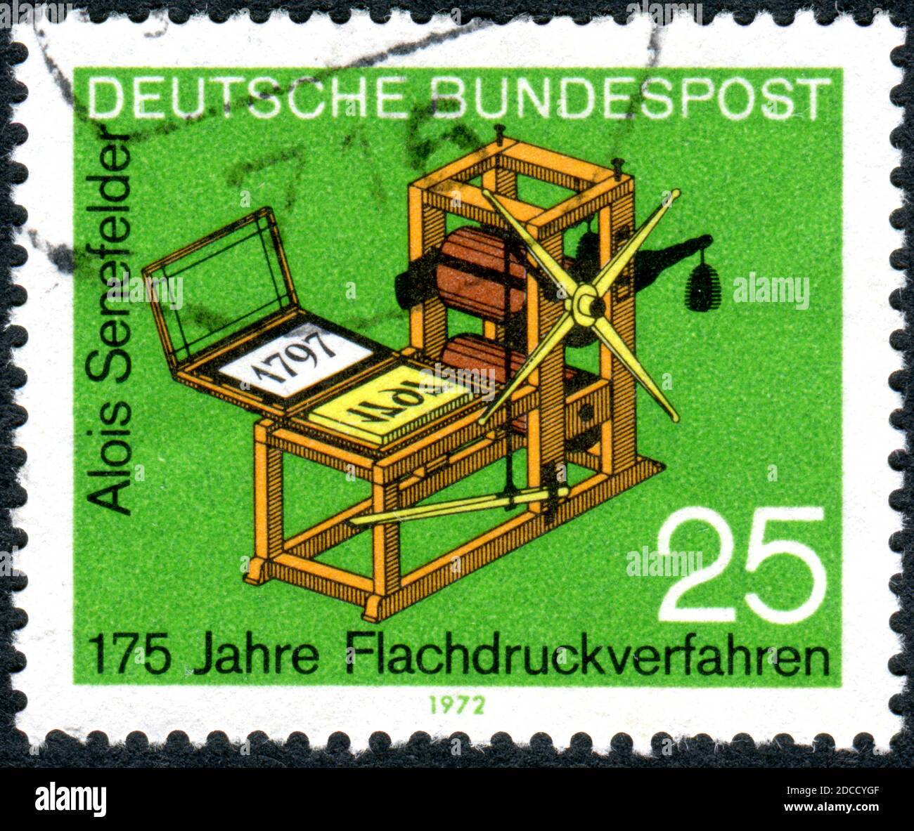 ALLEMAGNE - VERS 1972: Un timbre imprimé en Allemagne, montre la presse lithographique d'Alois Senefelder, vers 1972 Banque D'Images