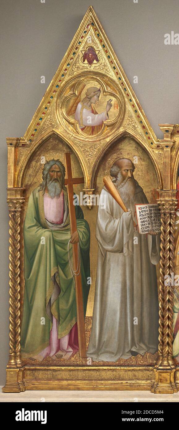 Agnolo Gaddi, (peintre), Florentine, c. 1350 - 1396, Saint Andrew et Saint Benoît avec l'Archange Gabriel, peu avant 1387, tempera sur panneau de peuplier, globalement: 197 × 80 cm (77 9/16 × 31 1/2 in.), la plupart des premières peintures sont aussi des histoires de mystère, faisant les historiens de l'art qui les étudient détectives d'une sorte. Les signatures n'étaient pas routinières, et les inscriptions sur ce grand retable nomaient les saints représentés, pas l'artiste qui les a peints. Dans ce cas, cependant, les figures élégantes, les couleurs pastel, et les effets décoratifs ont signalé aux experts presque unanimement, Agnolo Gaddi Banque D'Images