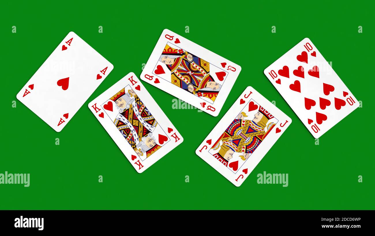 rendu 3d des cartes à jouer dans la combinaison royale flash du poker Banque D'Images