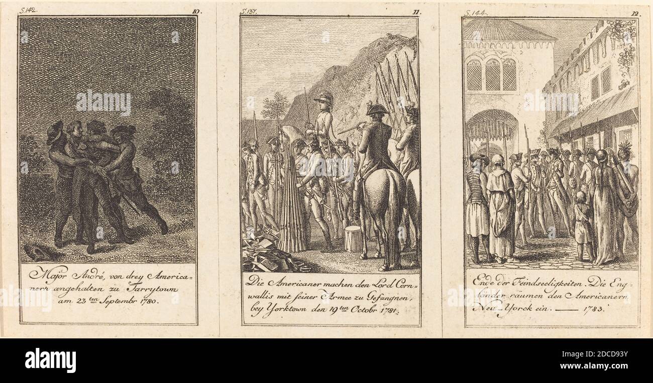 Daniel Nikolaus Chodowiecki, (artiste), allemand, 1726 - 1801, l'Histoire des Etats-Unis, l'Histoire des Etats-Unis: PL.10-12, (série), 1783/1784, gravure (3 gravures sur une feuille d'une plaque Banque D'Images
