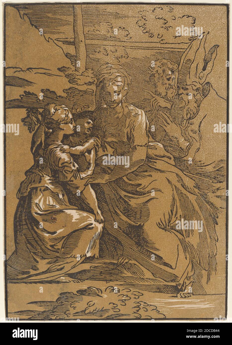 Antonio da Trento, (artiste), Italien, c. 1508 - 1550 ou après, Parmigianino, (artiste après), Parmese, 1503 - 1540, la Sainte famille avec deux saints, chiaroscuro coupe de bois imprimée à partir de deux blocs: Bloc de ligne noire et bloc de ton jaune-brun, feuille: 31.2 x 21.8 cm (12 5/16 x 8 9/16 po Banque D'Images