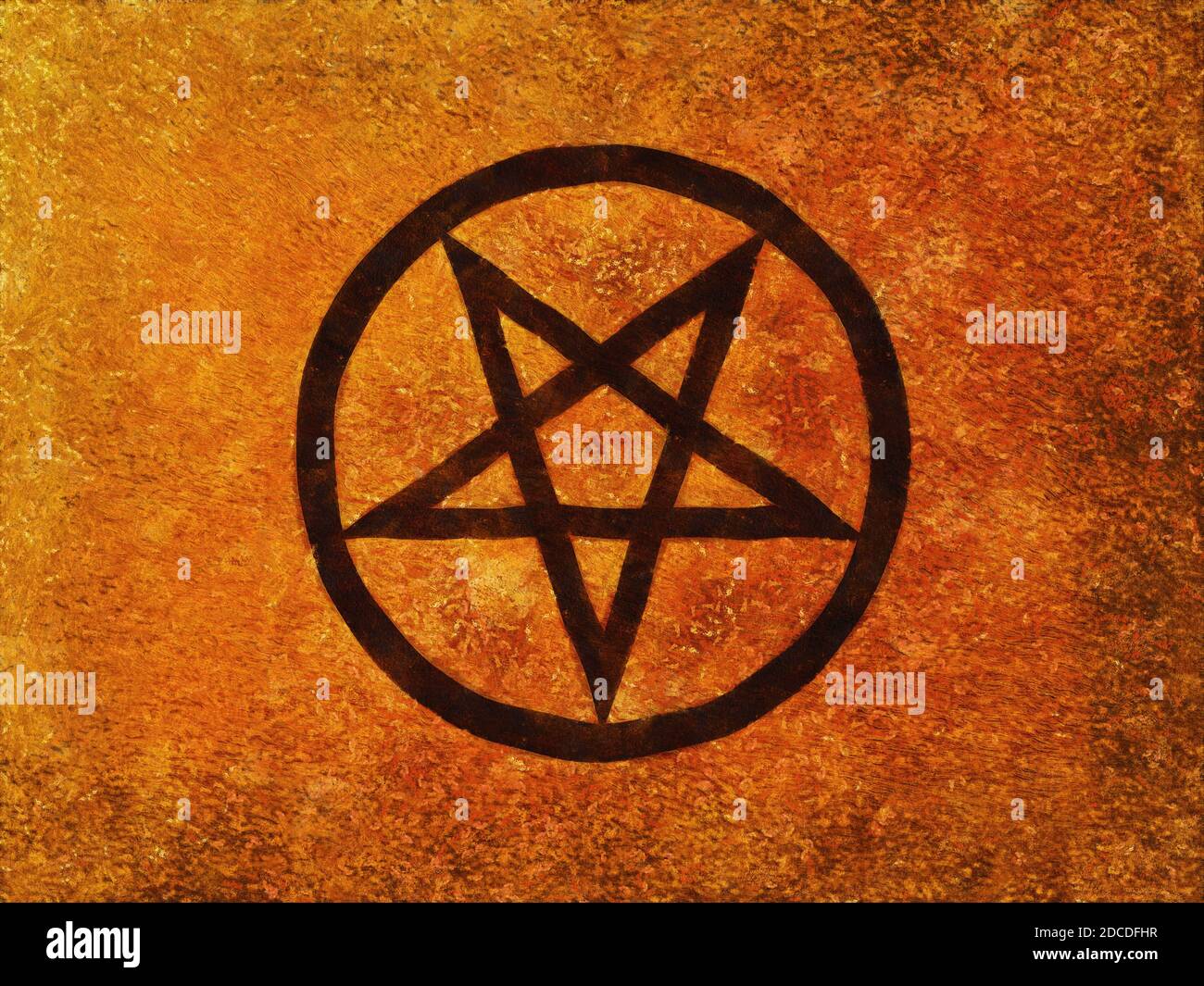 Pentagramme satanique sur fond rouge et jaune. Travail artistique sur le thème de l'ésotéricisme Banque D'Images