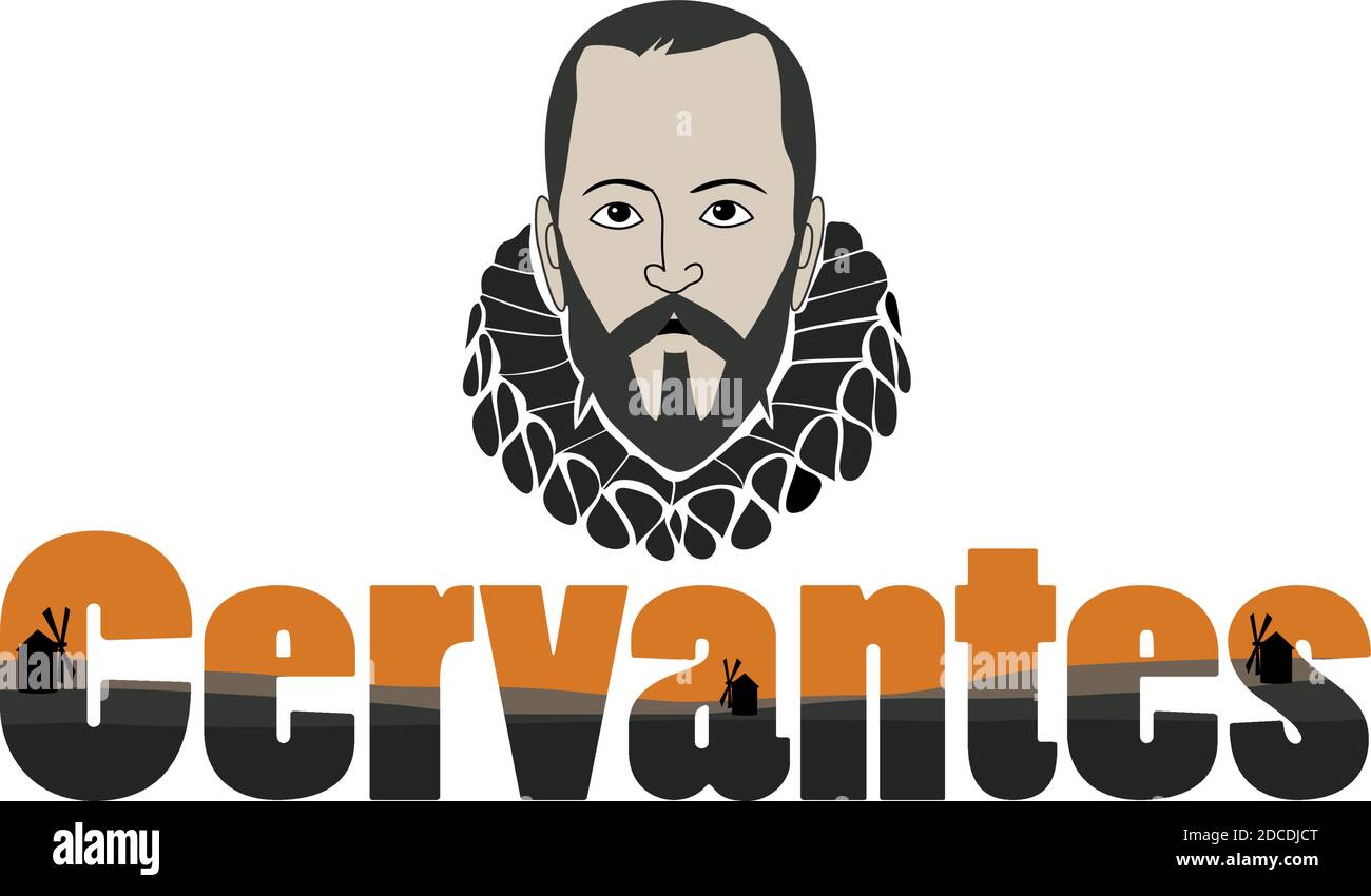 Le mot Cervantes avec l'illustration vectorielle de Miguel de Cervantes Saavedra, écrivain espagnol du livre Don Quichotte de la Mancha, et les silhouettes Illustration de Vecteur