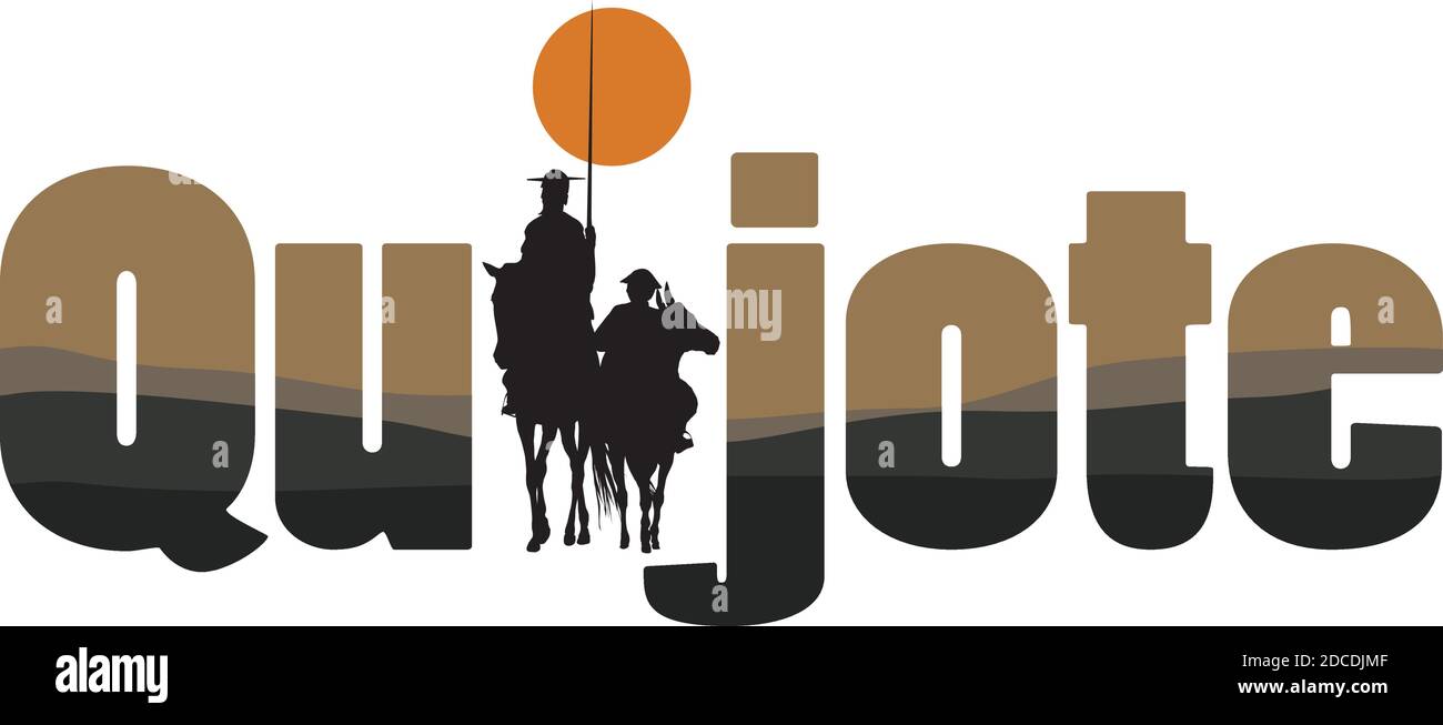 Le mot Quijote avec le dessin de Don Quichotte de la Mancha silhouette. Illustration de Vecteur