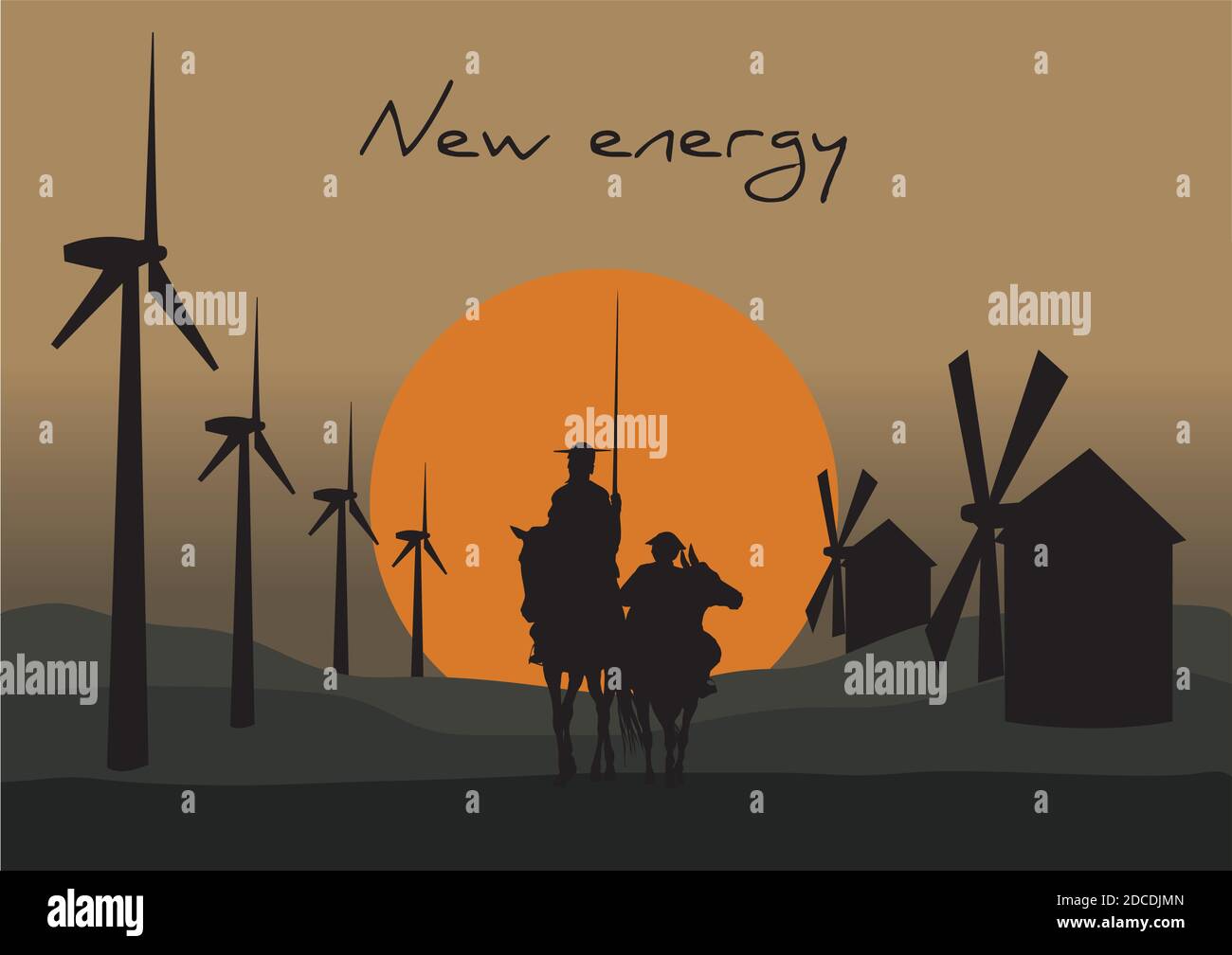 Silhouette de Don Quichotte de la Mancha, romancier espagnol Cervantes, avec moulins à vent et coucher de soleil Illustration de Vecteur