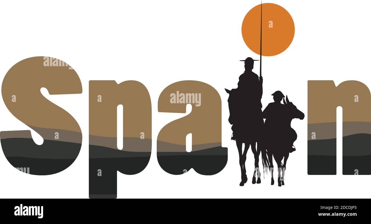 Le mot Espagne avec le dessin de Don Quichotte de Silhouette de la Mancha Illustration de Vecteur