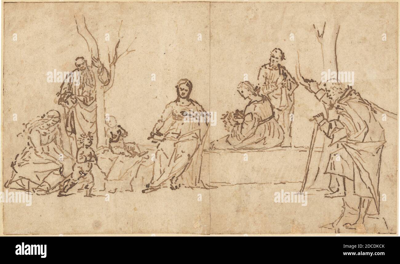 Vittore Carpaccio, (artiste), Venetian, c. 1465 - 1525/1526, la Madonna et l'enfant avec les saints dans un paysage (Sacra Conversezione), 1500/1510, stylo et encre brune (Galle de fer) avec lavage brun sur la craie noire sur le papier cousu (coupé verticalement au centre et réattaché, posé sur le support du XIXe siècle), dans l'ensemble: 13.9 × 23.7 cm (5 1/2 × 9 5/16 po Banque D'Images Vittore Carpaccio, (artiste), Venetian, c. 1465 - 1525/1526, la Madonna et l'enfant avec les saints dans un paysage (Sacra Conversezione), 1500/1510, stylo et encre brune (Galle de fer) avec lavage brun sur la craie noire sur le papier cousu (coupé verticalement au centre et réattaché, posé sur le support du XIXe siècle), dans l'ensemble: 13.9 × 23.7 cm (5 1/2 × 9 5/16 po Banque D'Images