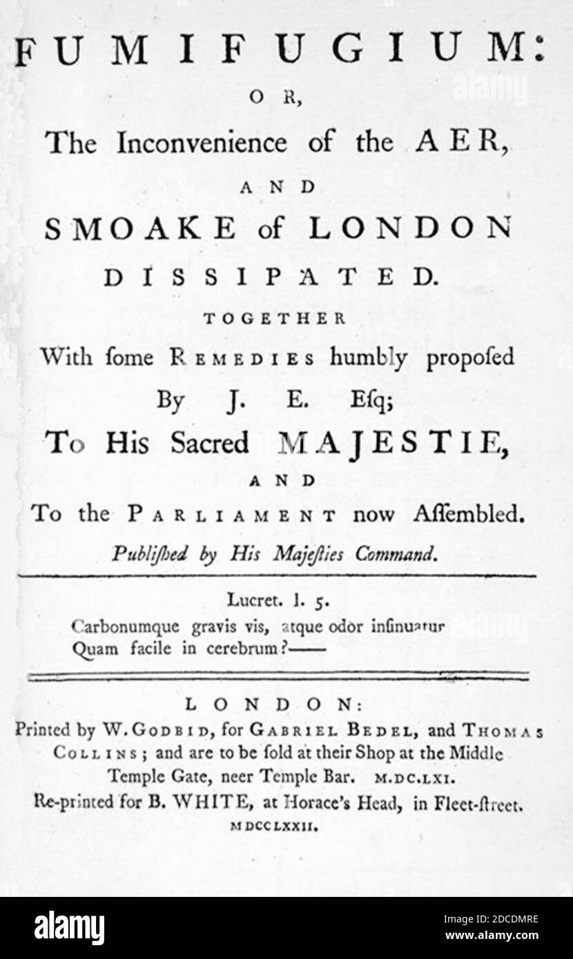 JOHN EVELYN (1620-1706) écrivain, jardinier et diariste anglais. Page de titre de son livre de 1661 ':Fumifugium: Or the désagrément of the Aer and Smoak of London dissipét' dans lequel il a préconisé la plantation d'arbres parfumés à Londres pour purifier l'air. Banque D'Images