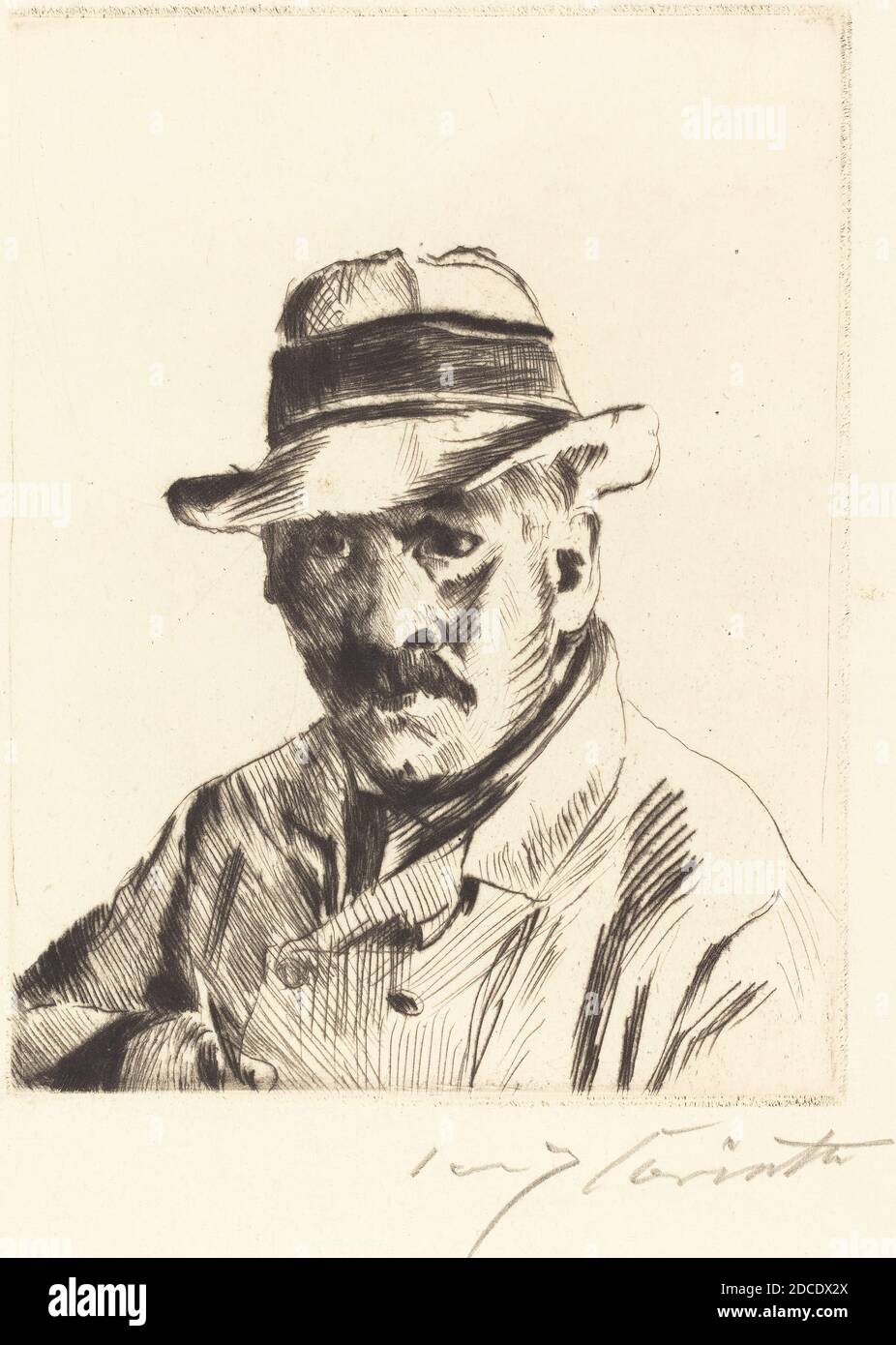 Lovis Corinth, (artiste), allemand, 1858 - 1925, Selbstbildnis im Strohhut (Self-Portrait in a Straw Hat), 1913, point sec en noir, plaque: 15 x 11.5 cm (5 7/8 x 4 1/2 in.), feuille: 42.6 x 30.1 cm (16 3/4 x 11 7/8 in Banque D'Images