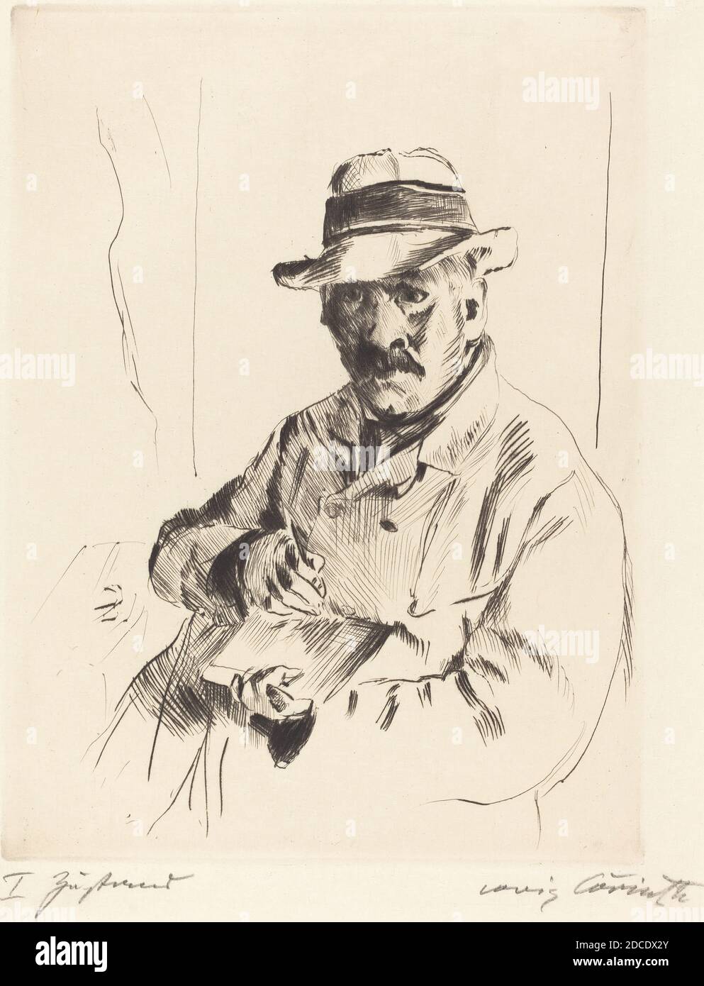 Lovis Corinth, (artiste), allemand, 1858 - 1925, Selbstbildnis im Strohhut (Self-Portrait in a Straw Hat), 1913, point sec en noir, plaque: 23.6 x 17.7 cm (9 5/16 x 6 15/16 in.), feuille: 29 x 21.9 cm (11 7/16 x 8 5/8 in Banque D'Images