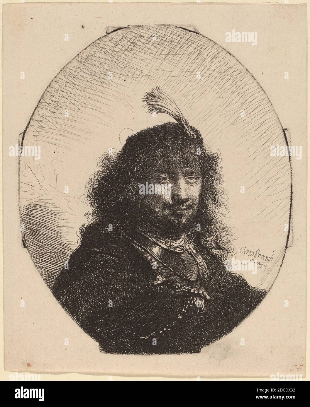 Rembrandt van Rijn, (artiste), Néerlandais, 1606 - 1669, Auto-portrait (?) Avec bouchon plubé et sabre abaissé, 1634, gravure, plaque (ovale): 13.1 x 10.9 cm (5 3/16 x 4 5/16 in.), feuille: 14.8 x 12.1 cm (5 13/16 x 4 3/4 in Banque D'Images