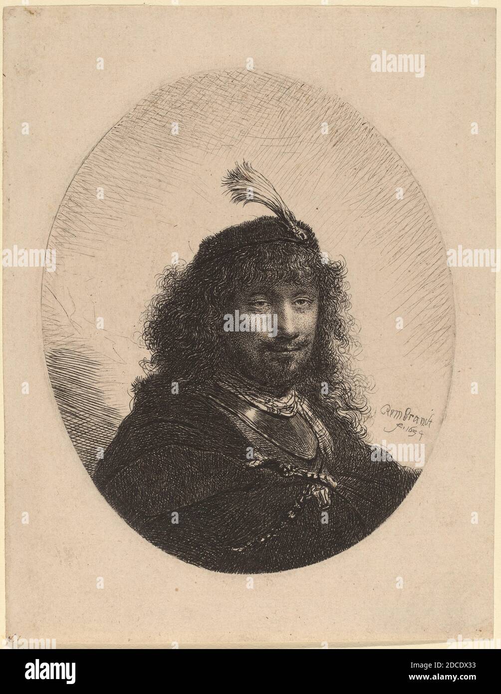 Rembrandt van Rijn, (artiste), Néerlandais, 1606 - 1669, Auto-portrait (?) Avec bouchon plubé et sabre abaissé, 1634, gravure, plaque (ovale): 13 x 10.6 cm (5 1/8 x 4 3/16 in.), feuille: 16.8 x 12.6 cm (6 5/8 x 4 15/16 in Banque D'Images