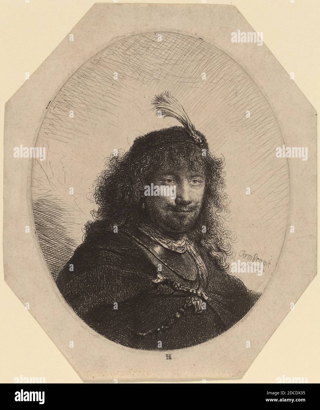 Rembrandt van Rijn, (artiste), Néerlandais, 1606 - 1669, Auto-portrait (?) Avec bouchon plubé et sabre abaissé, 1634, gravure, plaque (ovale): 13 x 10.6 cm (5 1/8 x 4 3/16 in.), feuille (octogone): 15.3 x 12.8 cm (6 x 5 1/16 in Banque D'Images