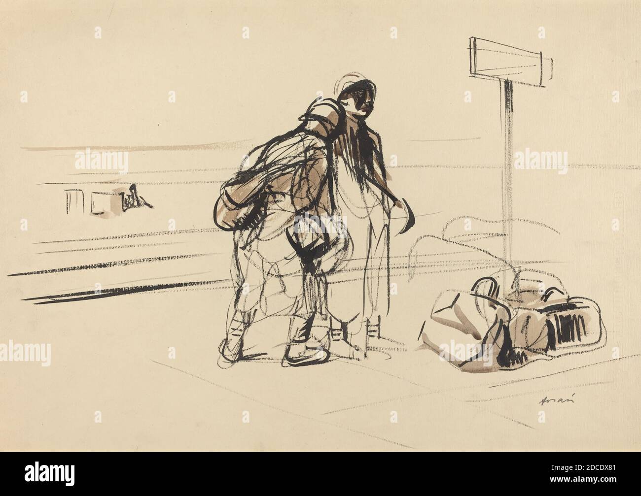 Jean-Louis Forain, (artiste), français, 1852 - 1931, deux soldats français près d'un conseil, c. 1914/1919, pinceau et encre noire avec lavage brun sur papier vélin, total: 36.7 x 52.3 cm (14 7/16 x 20 9/16 po Banque D'Images