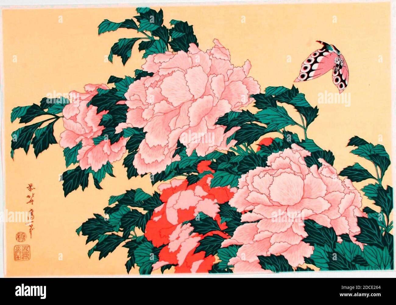 Katsushika Hokusai (1760-1849), Pioenroos met bloesem. Banque D'Images