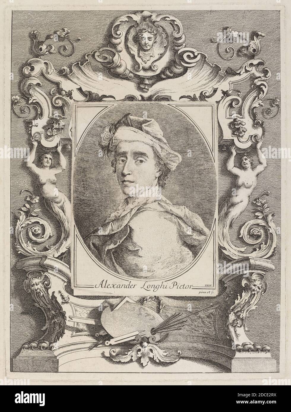 Alessandro Longhi, (artiste), Venetian, 1733 - 1813, autoportrait, compendio delle Vite dei Pittori, (série), publié en 1762, gravure sur papier coulé, plaque: 38.3 x 28.5 cm (15 1/16 x 11 1/4 in.), feuille: 43 x 32.3 cm (16 15/16 x 12 11/16 in Banque D'Images