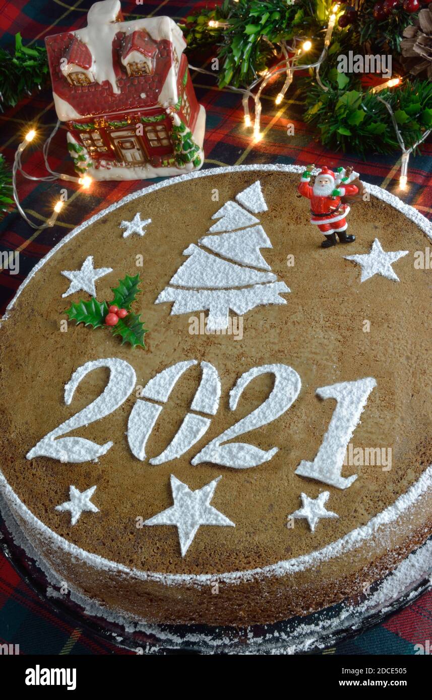 Concept avec gâteau grec traditionnel du nouvel an, vasilopita, décoratif avec un GUI et un saint claus, glands rouges, PIN artificiel et baies rouges Banque D'Images