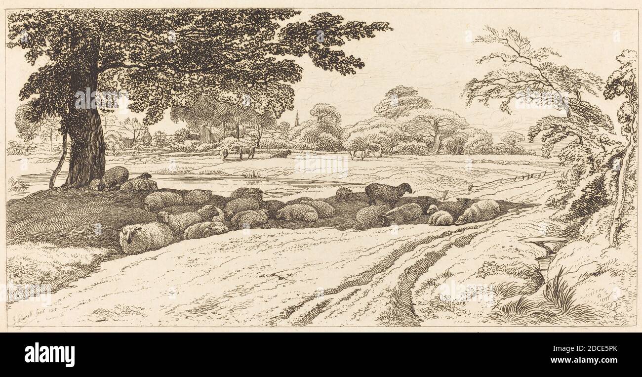 John Linnell, (artiste), Britannique, 1792 - 1882, mouton à midi, 1818, gravure sur papier couté, feuille (taillée à la marque d'assiette) : 14 x 23 cm (5 1/2 x 9 1/16 po Banque D'Images