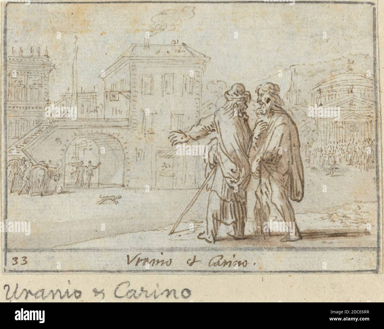 Johann Wilhelm Baur, (artiste), allemand, 1607 - 1641, Uranio et Carino, G.B. « il PASTOR fido » de Guarini, (série), 1640, stylo et encre brune avec lavage brun sur papier ponté, total : 6.5 x 9 cm (2 9/16 x 3 9/16 po Banque D'Images