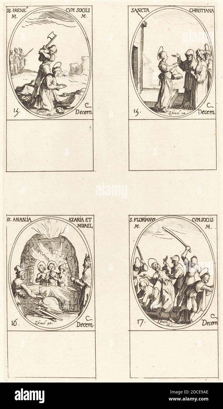 Jacques Callot, (artiste), français, 1592 - 1635, Saint-Bibiana; Saint-Birinus; Sainte-Barbara; Saint-Sabbas, le Calendrier des Saints, (série), gravure Banque D'Images