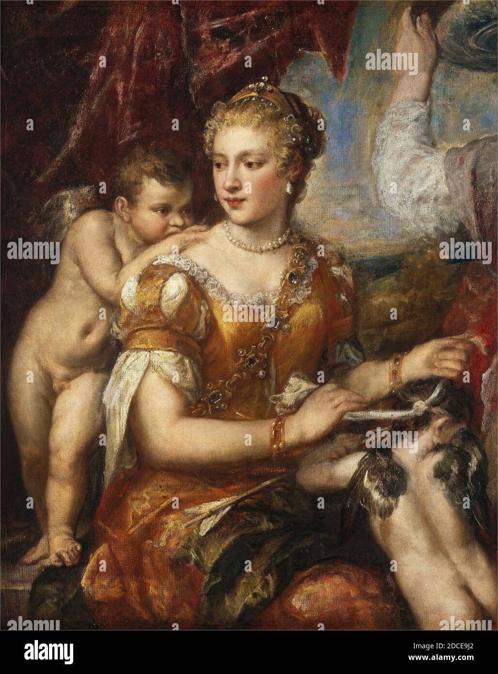 Italien XVIe siècle, (peintre), Titien, (artiste apparenté), vénitien, 1488/1490 - 1576, artiste anonyme, (peintre), Titien, (artiste apparenté), vénitien, 1488/1490 - 1576, Vénus aveuglément Cupidon, c. 1566/1570 ou c. 1576/1580, huile sur toile, hors tout: 122.4 x 97.3 cm (48 3/16 x 38 5/16 in.), encadré: 142.9 x 122.1 x 12.1 cm (56 1/4 x 48 1/16 x 4 3/4 in Banque D'Images