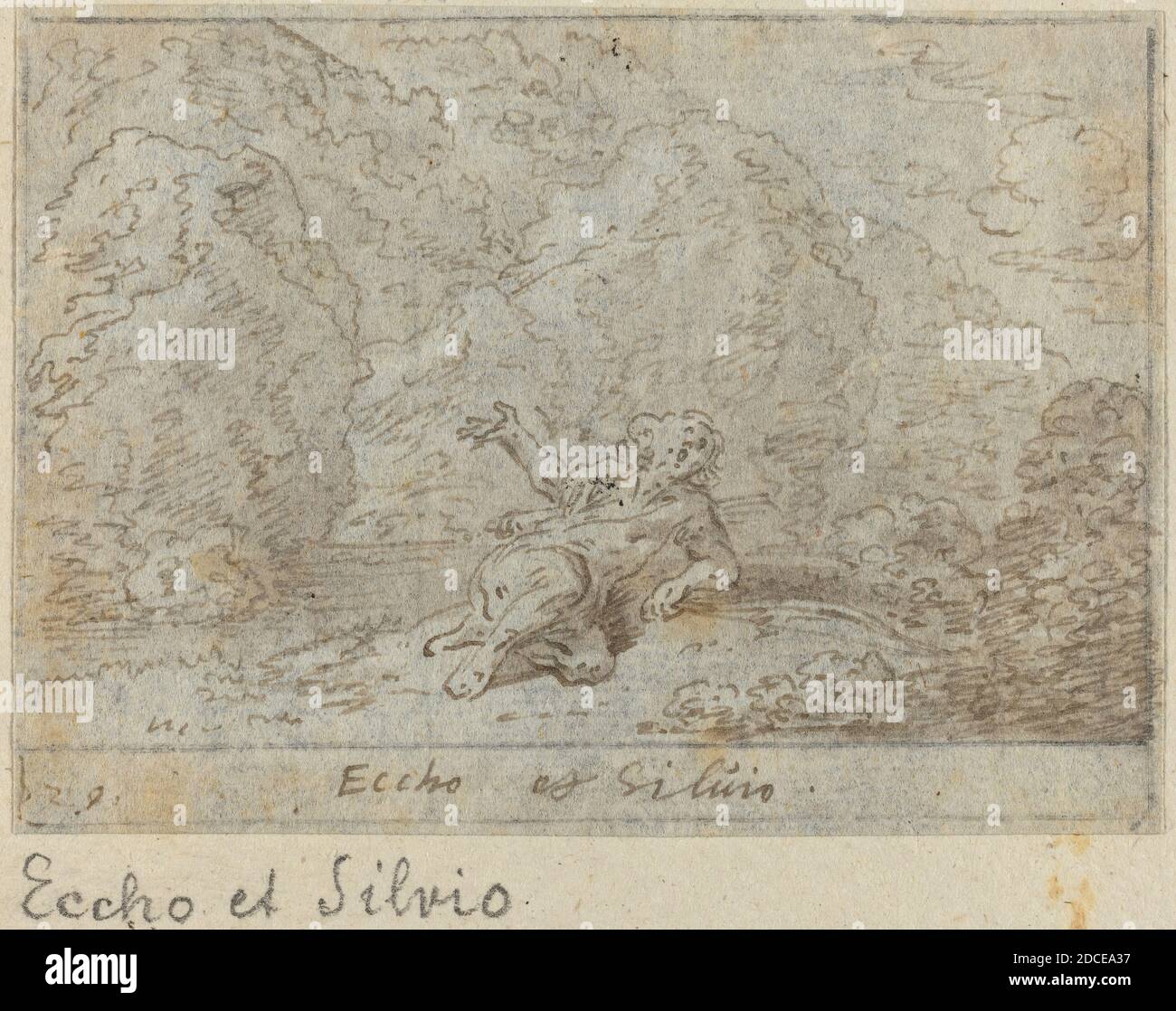 Johann Wilhelm Baur, (artiste), allemand, 1607 - 1641, Silvio, G.B. « il PASTOR fido » de Guarini, (série), 1640, stylo et encre brune avec lavage brun sur papier ponté, total : 6.5 x 9 cm (2 9/16 x 3 9/16 po Banque D'Images