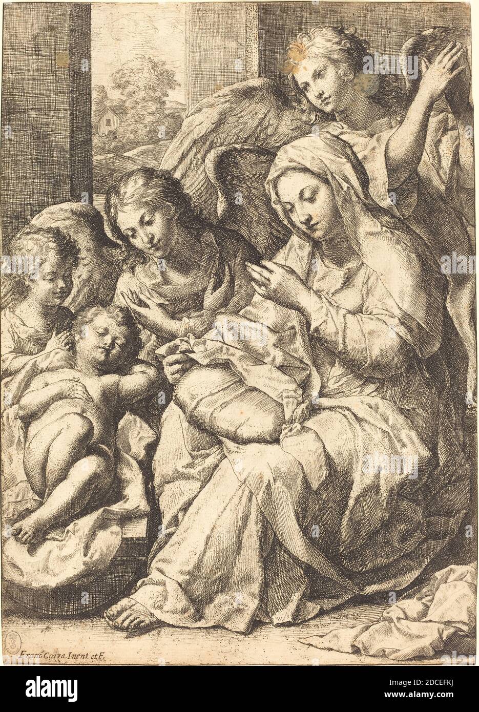 Francesco Cozza, (artiste), Italien, 1605 - 1682, Vierge et Anges regardant le bébé Jésus endormi, gravure en noir, feuille: 30.3 x 21.7 cm (11 15/16 x 8 9/16 po Banque D'Images