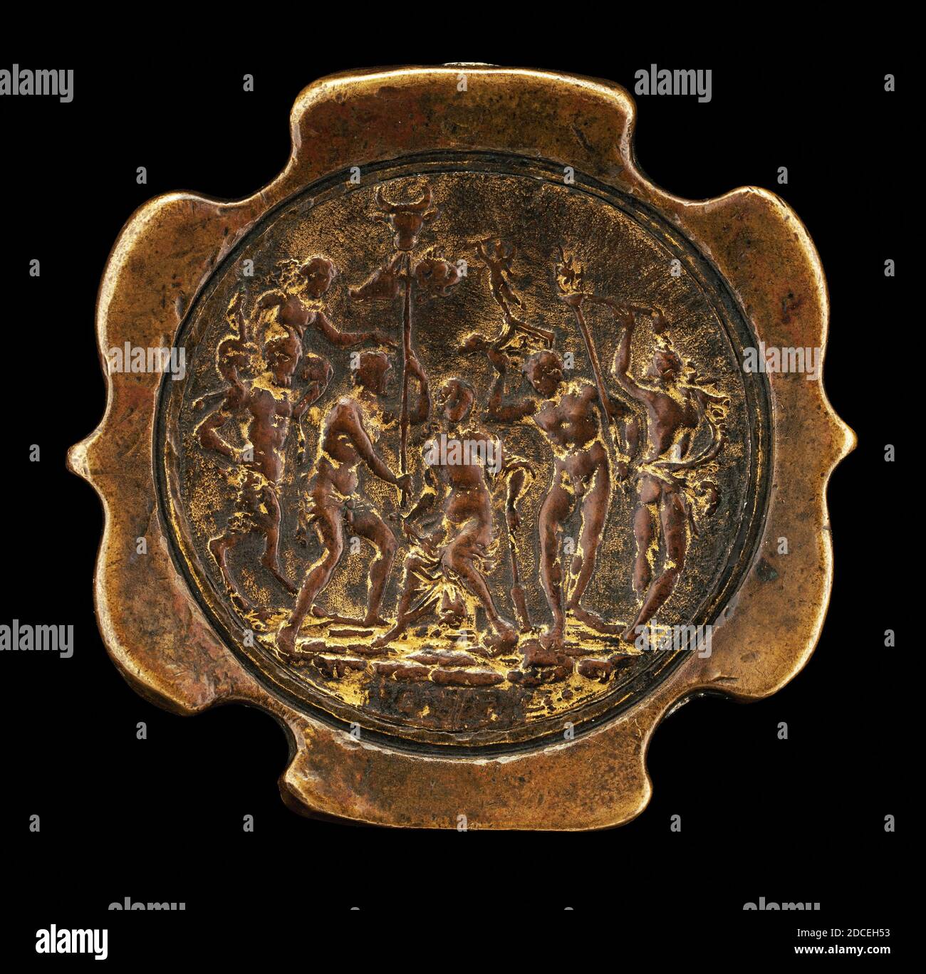 Maître IO.F.F., (artiste), Bolognese, active 1468/1484, épée pommel avec plaquette incrustée d'Ariadne, deuxième moitié XVe siècle, bronze, total (diamètre de plaquette seule): 5.37 cm (2 1/8 po), poids brut (pommel avec plaquette apposée): 231 gr (0.509 lb), total (épée pommel): 7.05 × 7.27 × 1.63 cm (2 3/4 × 2 7/8 × 5/8 po Banque D'Images