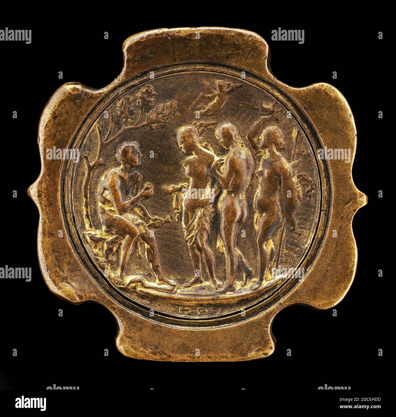 Maître IO.F.F., (artiste), Bolognese, active 1468/1484, épée pommel avec plaquette intégrée du jugement de Paris, deuxième moitié du XVe siècle, bronze, total (diamètre de plaquette seule): 5.37 cm (2 1/8 po), poids brut (plaquette amovible seule): 28.5 gr (0.063 lb), total (épée de pommel): 7.05 × 7.27 × 1.63 cm (2 3/4 × 2 7/8 × 5/8 po Banque D'Images
