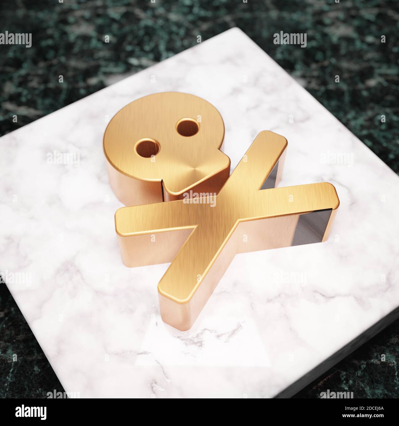 Icône crâne Crossbone. Symbole Skull Crossbone en bronze sur un podium en marbre blanc. Icône pour site Web, médias sociaux, présentation, élément de modèle de conception. Rendu 3D. Banque D'Images