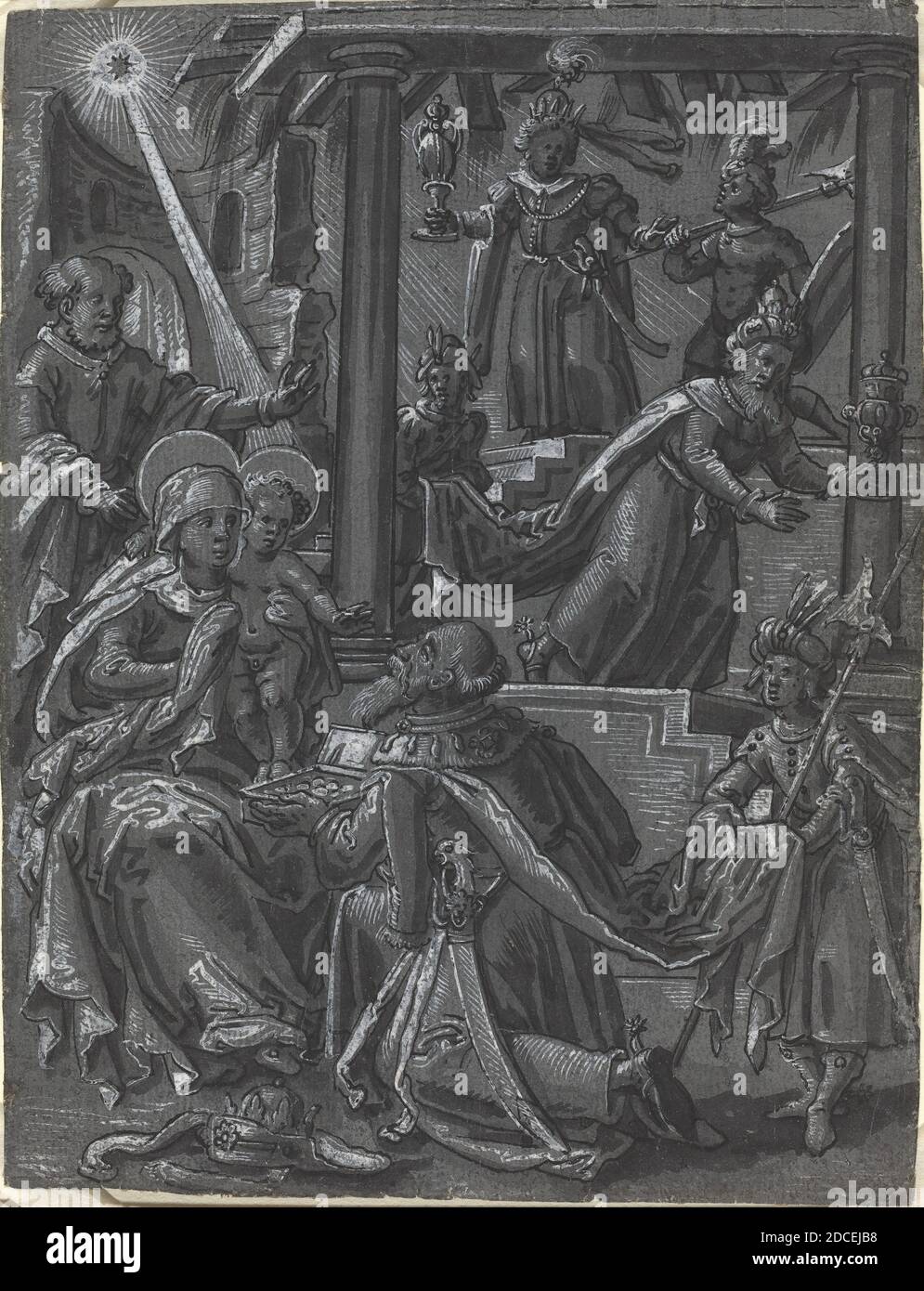 Allemand XVIe siècle, (artiste), l'adoration des Rois, un des 14 dessins sur 8 feuilles de sujets bibliques, (série), c. 1600, stylo et encre noire avec brosse et encre grise et lavage gris rehaussé de blanc sur papier gris préparé, total: 20.3 x 15.7 cm (8 x 6 3/16 po Banque D'Images