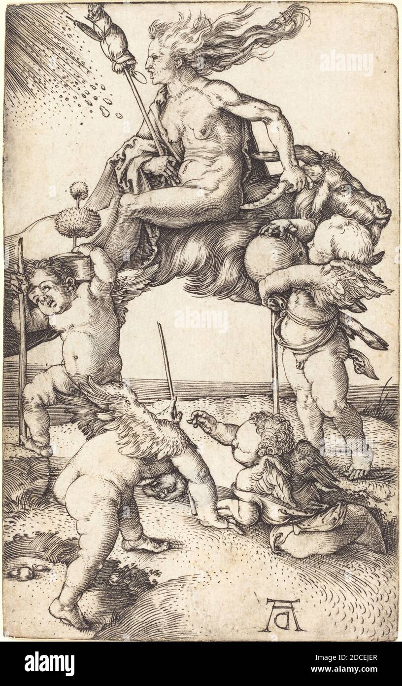 Albrecht Dürer, (artiste), allemand, 1471 - 1528, Witch Riding on a Goat, c. 1500/1501, gravure, feuille (découpée au repère de la plaque) : 11.4 x 7 cm (4 1/2 x 2 3/4 po Banque D'Images