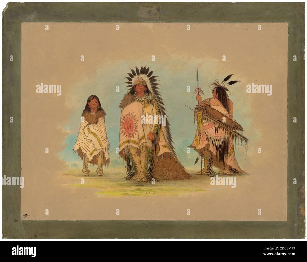 George Catlin, (artiste), américain, 1796 - 1872, UN chef Sioux, sa fille, et un guerrier, 1861/1869, huile sur carte montée sur carton, total: 46.1 x 61.8 cm (18 1/8 x 24 5/16 po Banque D'Images