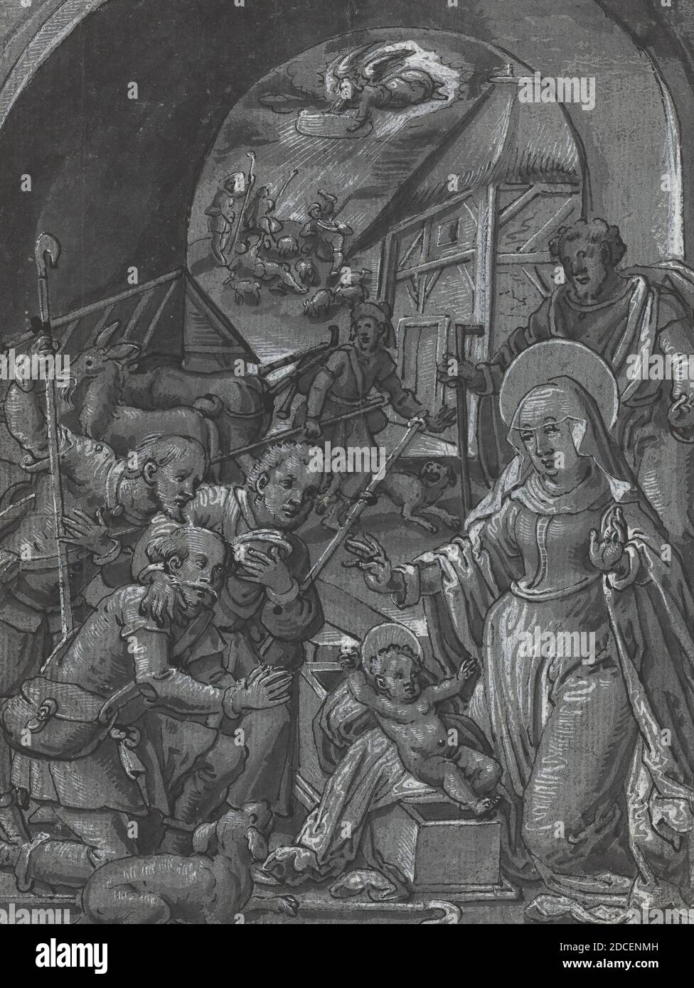 Allemand XVIe siècle, (artiste), la naissance du Christ, un des 14 dessins sur 8 feuilles de sujets bibliques, (série), c. 1600, stylo et encre noire avec brosse et encre grise et lavage gris rehaussé de blanc sur papier gris préparé, total: 20.3 x 15.7 cm (8 x 6 3/16 po Banque D'Images