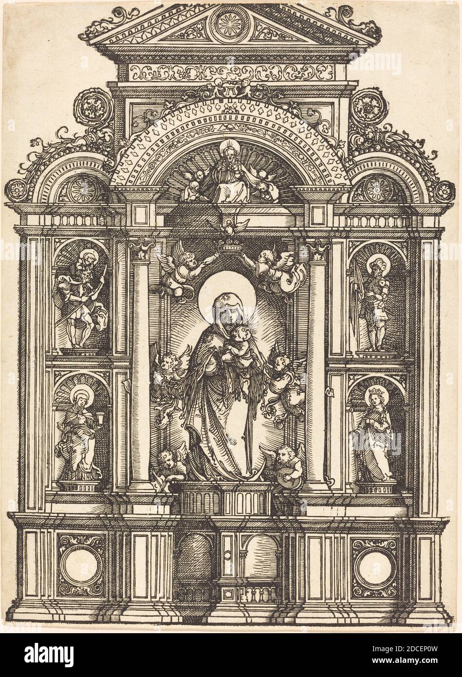 Albrecht Altdorfer, (artiste), allemand, 1480 ans ou avant - 1538, autel avec la Vierge à l'enfant et les Saints Christopher, Barbara, George et Catherine, c. 1520, coupe de bois Banque D'Images