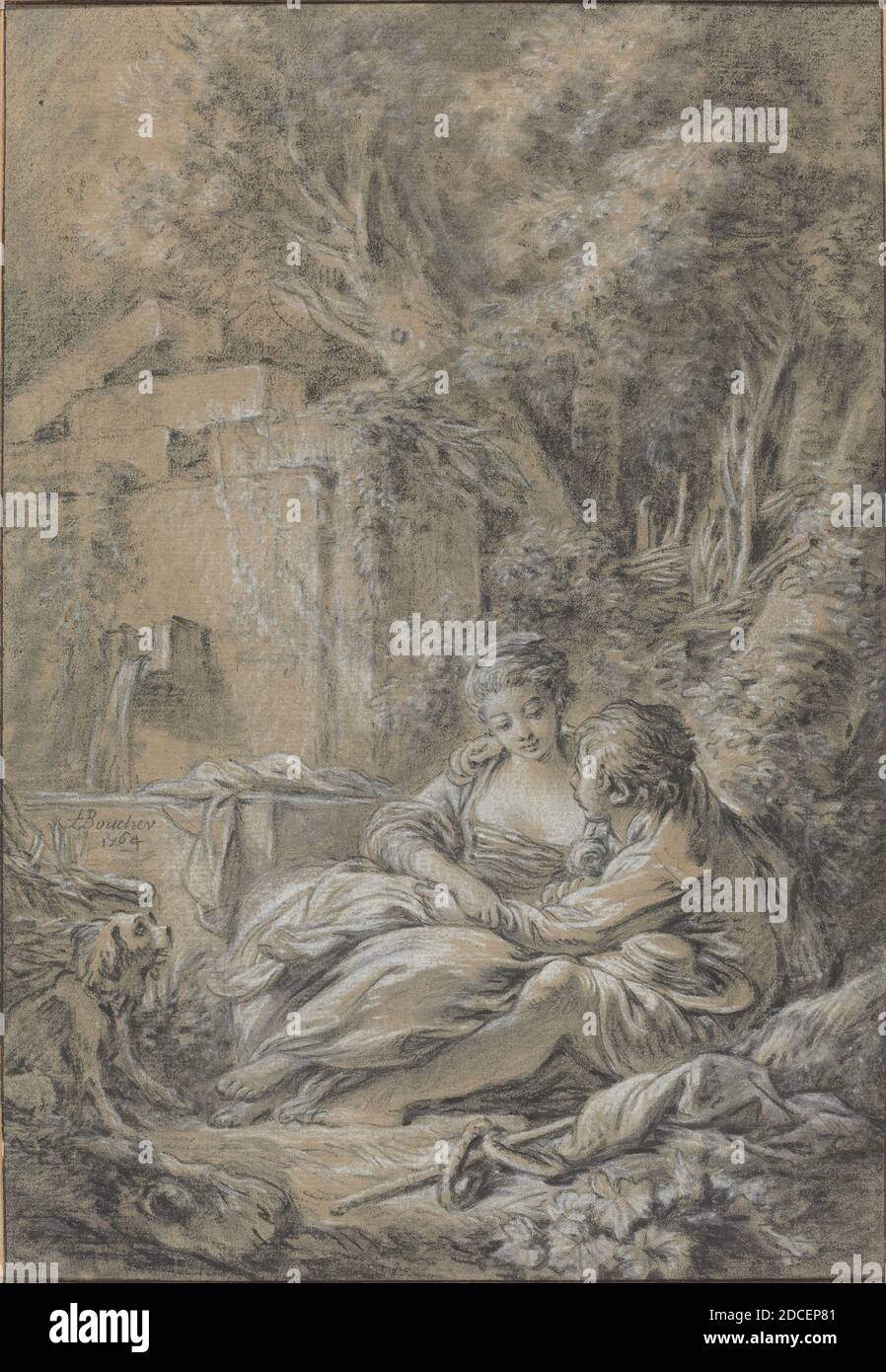 François Boucher, (artiste), français, 1703 - 1770, tête-à-tête, 1764, craie noire accentuée de blanc sur papier ponté, total: 33.5 x 23.1 cm (13 3/16 x 9 1/8 po.), support: 38.4 x 28.2 cm (15 1/8 x 11 1/8 po Banque D'Images