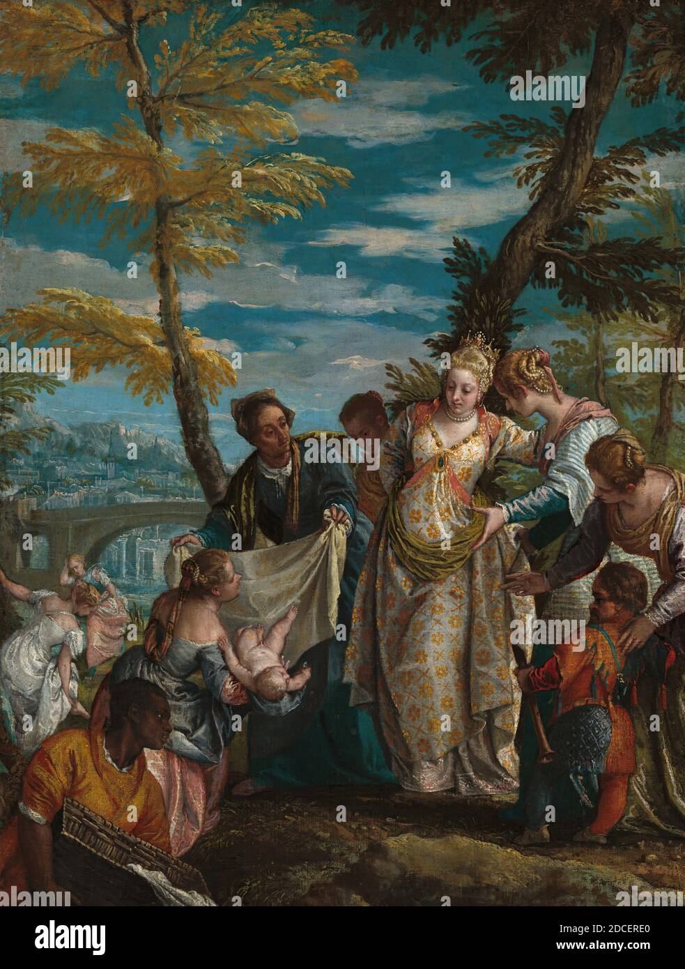 Veronese, (peintre), vénitienne, 1528 - 1588, la conclusion de Moïse, c. 1581/1582, huile sur toile, hors tout: 58 x 44.5 cm (22 13/16 x 17 1/2 in.), encadré: 81.12 × 67.95 × 7.3 cm (31 15/16 × 26 3/4 × 2 7/8 in.), ce tableau est l'une des nombreuses variantes de Veronese du sujet, certaines complétées avec l'aide d'atelier. Il dépeint un récit biblique d'Exode 2:3–10. Le bébé Moïse a été placé par sa mère dans un panier et caché à côté de la rivière, pour échapper à l'édit du roi d'Égypte que tous les enfants mâles des Israélites devraient être tués à la naissance Banque D'Images