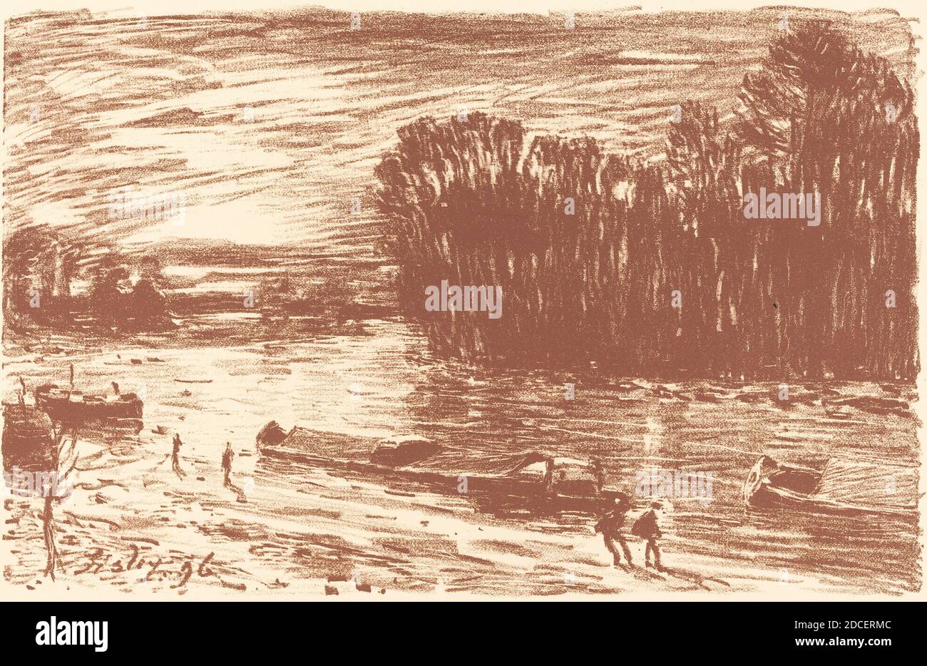 Alfred Sisley, (artiste), français, 1839 - 1899, les rives du Loing près de Saint-Mammes (Bords du Loing, pres Saint-Mammes), 1896, lithographie en marron foncé Banque D'Images