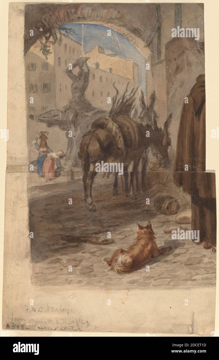 Felix Octavius Carr Darley, (artiste), cuisine américaine, 1822 - 1888, Fontaine Bernini, Rome, ch. 1867, gouache sur graphite sur deux feuilles de papier de vélin joint, total : 21.3 x 13.8 cm (8 3/8 x 5 7/16 po Banque D'Images