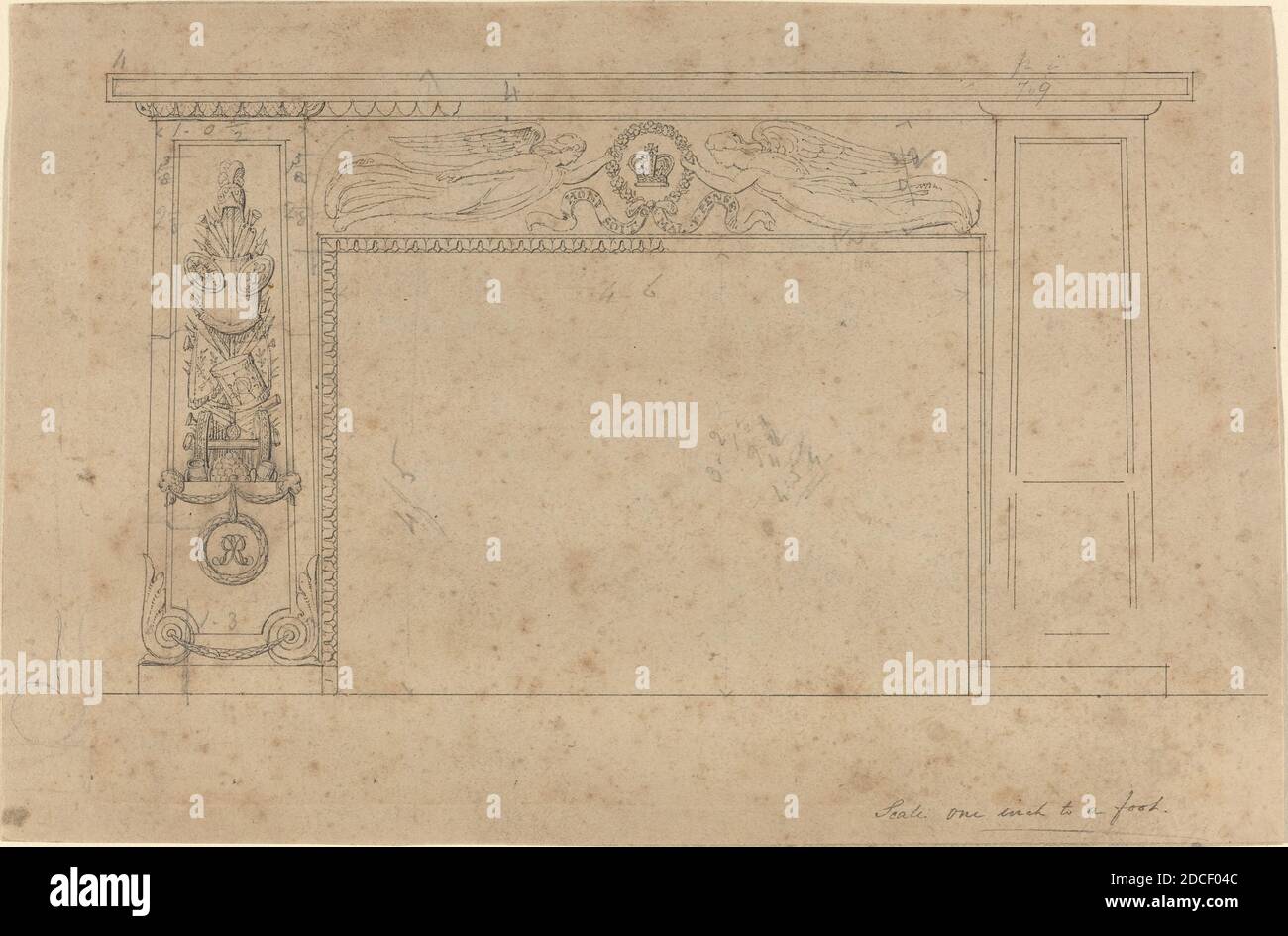John Flaxman, (artiste), British, 1755 - 1826, Design for the Chimney Piece in the Throne Room, Buckingham Palace, 1820/1826, stylo et encre noire, total: 15.1 x 23.2 cm (5 15/16 x 9 1/8 po Banque D'Images