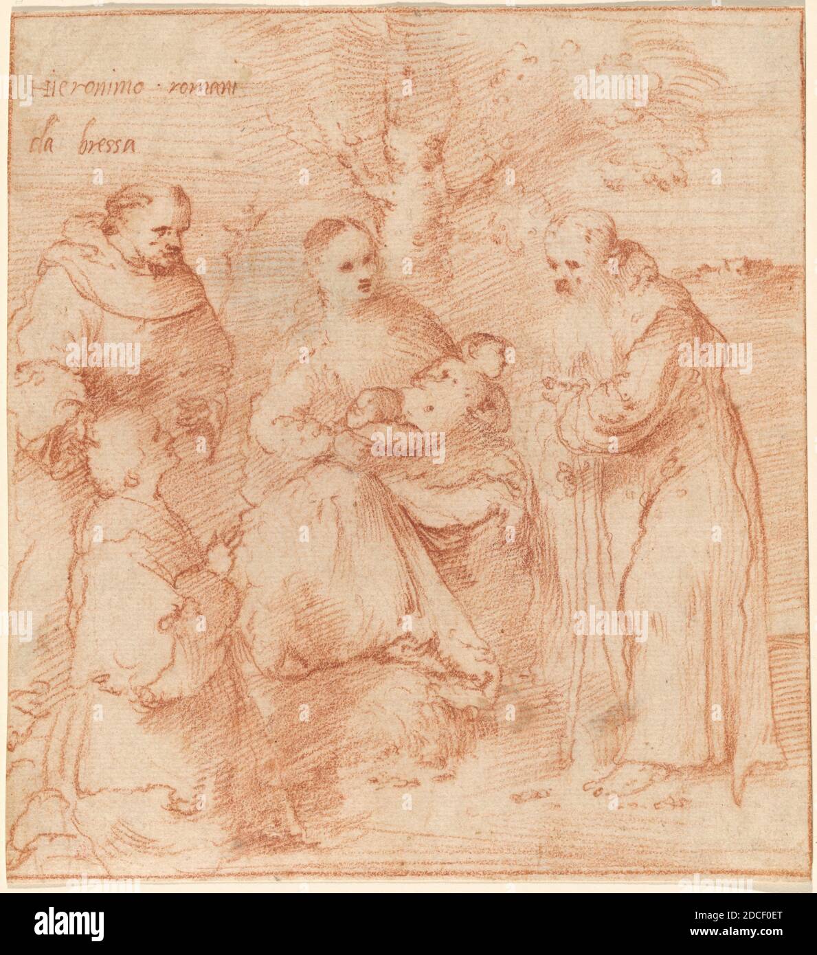 Girolamo Romanino, (artiste), Brescian-Venetian, 1484/1487 - c. 1560, la Madonna et l'enfant avec les Saints Francis et Anthony Abbot et un donneur, 1515/1519, craie rouge (mouillée pour la contre-épreuve) sur papier coulé; posée, globale: 20.3 × 18.6 cm (8 × 7 5/16 po Banque D'Images