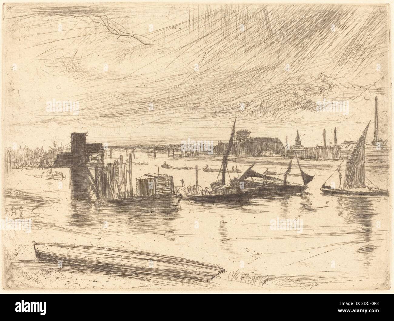 James McNeill Whistler, (artiste), cuisine américaine, 1834 - 1903, tôt le matin, Battersea, Scenes on the Thames, (série), 1861, gravure, plaque: 11.43 x 15.24 cm (4 1/2 x 6 in.), feuille: 20.64 x 26.04 cm (8 1/8 x 10 1/4 in Banque D'Images