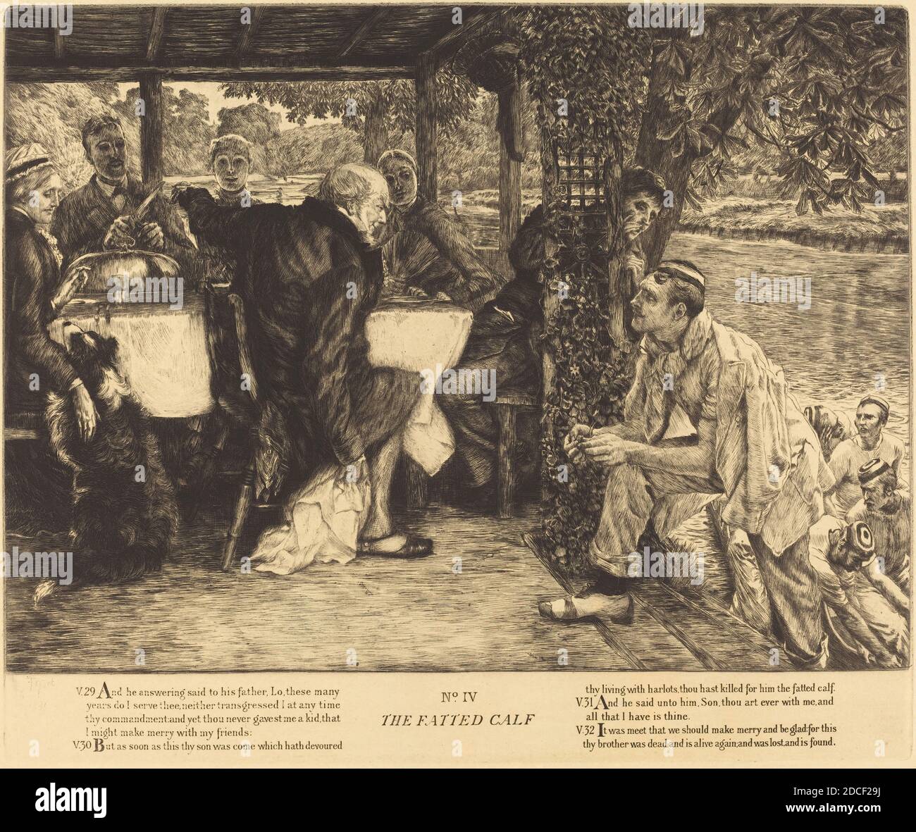James Jacques Joseph Tissot, (artiste), français, 1836 - 1902, le veau mort, le fils prodigue, (série), 1882, gravure sur papier coulé, plaque: 31.2 x 37.5 cm (12 5/16 x 14 3/4 po), feuille: 47 x 58.5 cm (18 1/2 x 23 1/16 po Banque D'Images