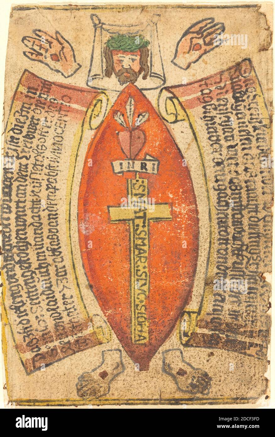 Allemand du XVe siècle, (artiste), la mesure de la plaie latérale et du corps du Christ, c. 1484/1492, coupe de bois, couleur vermilion, vert et jaune sur papier; monté sur feuille de papier qui couvre le manuscrit sur verso, hors tout: 12 x 8.1 cm (4 3/4 x 3 3/16 in.), hors tout (dimensions externes du cadre): 39.4 x 31.8 cm (15 1/2 x 12 1/2 in Banque D'Images